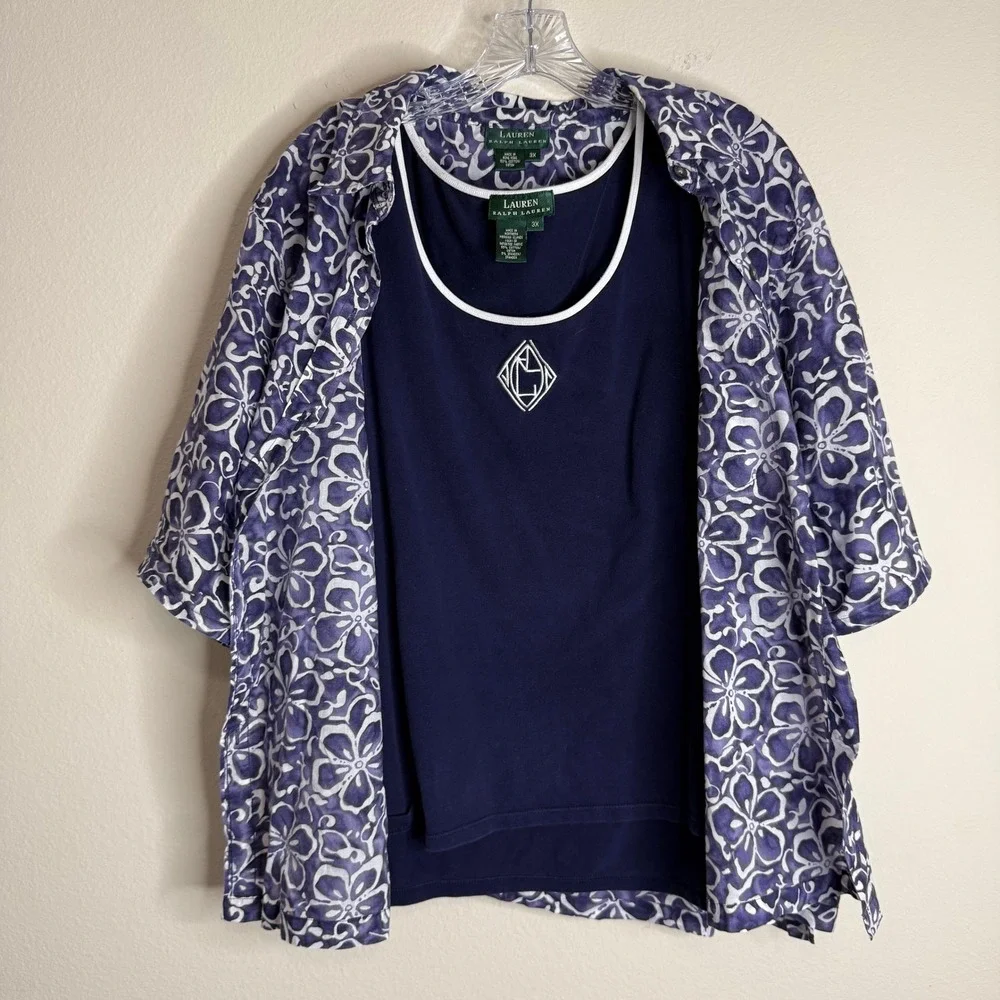 Lauren Ralph Lauren Shirt Set Womens 3X Purple Floral Button Up Tank Top 2pc